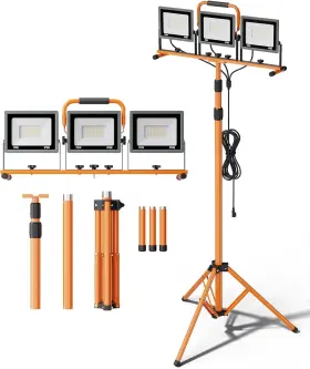 Branded01 705353263132 21000lm Led Work Light With Stand 3 Head Tripod Worklight 16ft Cord Ip66 Orange
