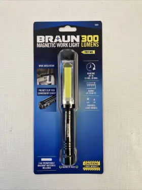 59493 Braun Heavy Duty 300 Lumen Magnetic Pocket Work Light Flashlight Base New