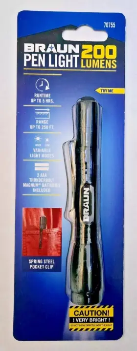 Braun 70755 200 Lumen Led Pocket Penlight Portable Work Light Flashlight Torch With Clip