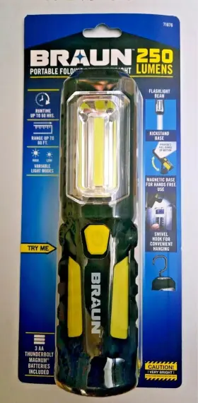Braun 71076 Folding Led Work Light Portable Mechanic Car Workshop Flashlight Magnetic 250 Lm
