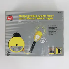 307-956 Commercial Electric 25ft Retractable Cord Reel With Work Light Open Box