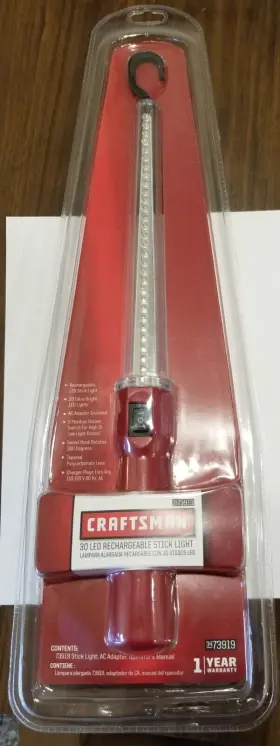 73919 Craftsman 30-led Rechargeable Stick Light Polycarbonate Lens Charger New