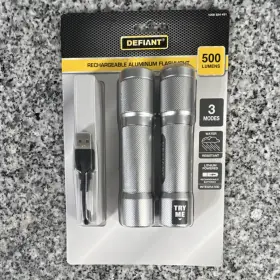 1008524451 Defiant Rechargeable Aluminum Led Flashlight 500 Lumens Water Resistant 2-pack