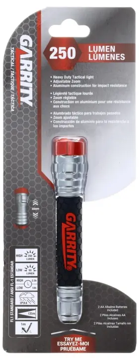 Ga8012 Garrity Tactical Flashlight 250 Lumens Zoom Focus Water Resistant