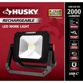 Husky 705353272042 Rechargeable Led Work Light 2000 Lumens Magnet Base Indoor And Outdoor Use