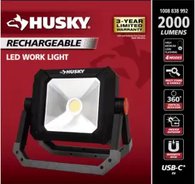 Husky 744759974006 Rechargeable Led Work Light With Power Bank 2000 Lmns Indoor And Outdoor
