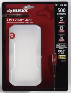 Husky 820909914006 500 Lumens 3-in-1 Rechargeable Utility Light Flashlight And Power Bank New
