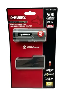1013 Husky 820909919223 Compact Led Flashlight 500 Lumens Usb -c With Rechargeable Holster New