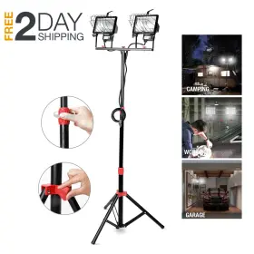 Hyper Tough 726084607002 2 Head Halogen Lamp Flood Work Light Indoor Outdoor With Tripod Stand Portable