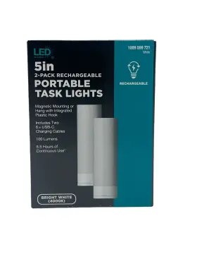 Led Technology 755284021707 5 Inch Rechargeable Battery Dimmable Bright White Portable Task Light 2 Pk