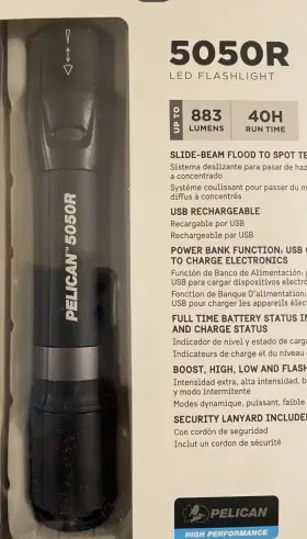 05050r-5300-002 Pelican 5050r Led Flashlight 883 Lm Usb Rechargeable Power Bank Ipx8 Black