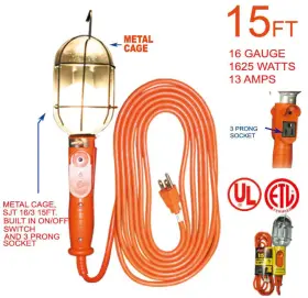 Powtech 608459200837 15ft Foot Work Light With Metal Cage On/off Switch 3-prong Socket - Ul Listed