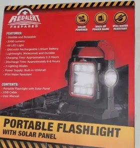 Redalert 428337301301 Portable Flashlight With Solar Panel Camping Power Outage New
