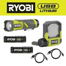 Ryobi 033287227747 Usb Lithium 600 Lumen And 500 Led Light Kit With 2 Batteries Charging Cables