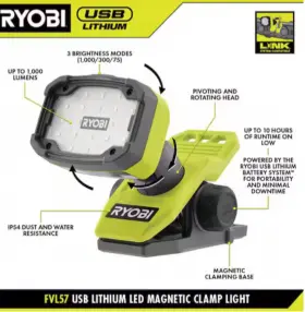 Fvl57 Ryobi Usb Lithium Led Magnetic Clamp Light Kit - Bare Tool