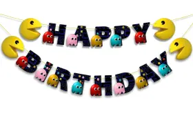 Seyal 281049887843 Pacmn Ghost Happy Birthday Banner - Decorations