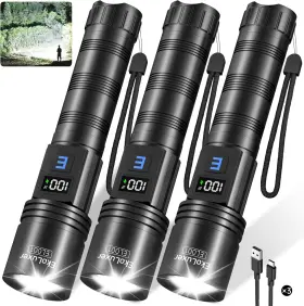 B0f9ykjk9k Tughlax 3-pack Rechargeable Led Flashlights High Lumens Super Bright Lcd Disp