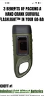 Hand Crank Survival Flashlight, Solar Rechargeable, 3 Led, IP44 Green/black New. Price: $25.00.