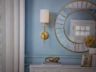 Home Decorators Dawson 1-LIGHT Sconce Aged Brass With White Fabric Shade Open. Price: $18.95.