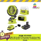 Ryobi ONE+18VPCL1303K1 Cordless 3-TOOL Campers Kit Fan Bluetooth Speaker Battery New. Price: $91.97.