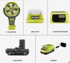 Hurricane Combo Ryobi 18V Clamp Fan Bluetooth Speaker, Light, Battery Charger New. Price: $115.10.