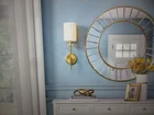 Home Decorators Dawson 1-LIGHT Sconce Aged Brass With White Fabric Shade Open. Price: $22.75.